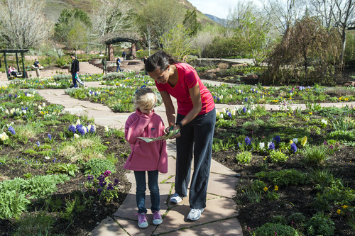 Chris Detrick  |  The Salt Lake Tribune
Lindsay Janicki and Zoey Porucznik, 5, measure walking distances at Red Butte Garden Friday April 13, 2012. Track-It SLC aims to increase the amount of physical activity children engage in by providing caregivers with diverse walking routes and associated distances for recreational attractions throughout Salt Lake.