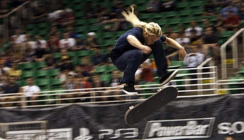 Chris Detrick  |  The Salt Lake Tribune
Tosh Townend competes during the Dew Tour skateboard street prelims at EnergySolutions Arena in 2011.