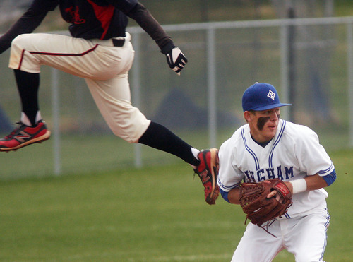 Steve Griffin/The Salt Lake Tribune


American Fork baserunner Riley Ottesen leaps over Bingham third baseman Max Dimick as he advances to third on a ground ball during game at Bingham High School in South Jordan, Utah Wednesday April 18, 2012. Dimick threw the ball to second for a force out.