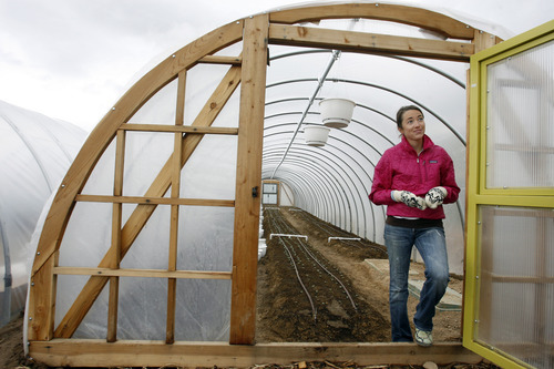 Rick Egan  | The Salt Lake Tribune 

La Nay Ferme farm manger, Barbara Fuller stands at the entrance of one of the tunnels of the new Provo community supported agriculture program. Some local CSA farms are adding greenhouses or 