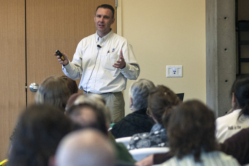 Chris Detrick  |  The Salt Lake Tribune
David Rice teaches a class on growing food in your backyard without spending a lot of money on water in the Education Center at the Jordan Valley Water Conservancy District.