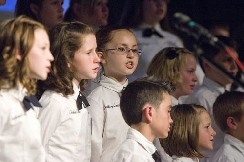 Paul Fraughton | The Salt Lake Tribune.
The Clearfield Children's Choir performs at  the Community Choir's Spring concert at The Clearfield Community Church.
 Monday, April 16, 2012
