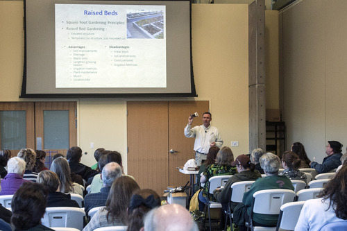 Chris Detrick  |  The Salt Lake Tribune
David Rice teaches a class on growing food in your backyard without spending a lot of money on water in the Education Center at the Jordan Valley Water Conservancy District Thursday April 12, 2012.