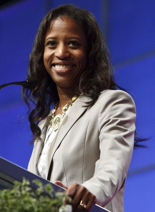Leah Hogsten  |  The Salt Lake Tribune
4th Congressional District candidate Mia Love won the Republican nomination Saturday, defeating former Rep. Carl Wimmer at the state GOP nominating convention in Sandy at the South Towne Exposition Center.