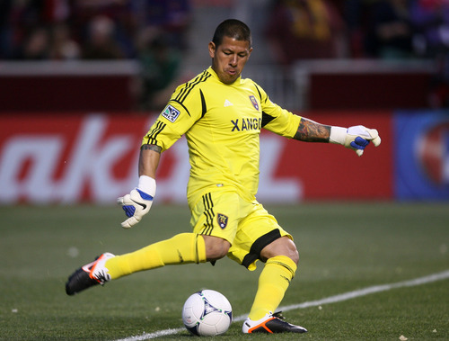 Steve Griffin/The Salt Lake Tribune


RSL goal keeper Nick Rimando kicks the ball downfield during the RSL versus Montreal soccer game at Rio Tinto Stadium in Sandy Wednesday April 4, 2012.