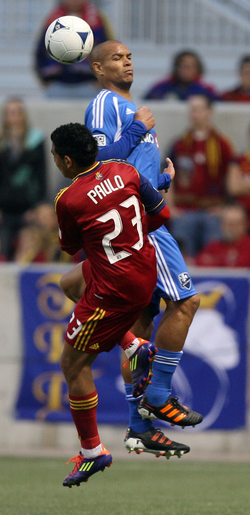 Steve Griffin/The Salt Lake Tribune


RSL's Paulo Junior crashes into Montreal's Matteo Ferrari as he goes for the ball during the RSL versus Montreal soccer game at Rio Tinto Stadium in Sandy Wednesday April 4, 2012.
