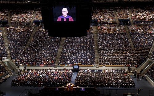Trent Nelson  |  The Salt Lake Tribune
LDS Church apostle Dallin H. Oaks, former Brigham Young University president, delivers the commencement address on Thursday to graduates and families at BYU's Spring Commencement in Provo.