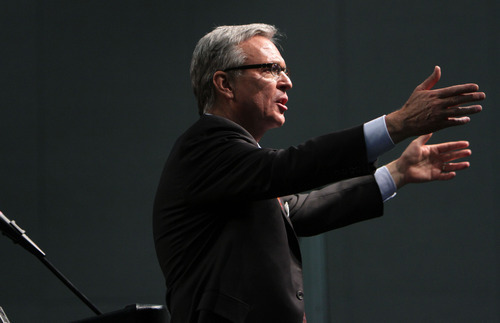 Francisco Kjolseth  |  The Salt Lake Tribune
Senate candidate Scott Howell, a former state lawmaker, gets fired up as he tries to drum up support during the state convention for the Utah Democrats Saturday. Howell beat Pete Ashdown to capture the Democratic nomination in the U.S. Senate race. He will face the winner of the Republican primary in June between Sen. Orrin Hatch and former state Sen. Dan Liljenquist.