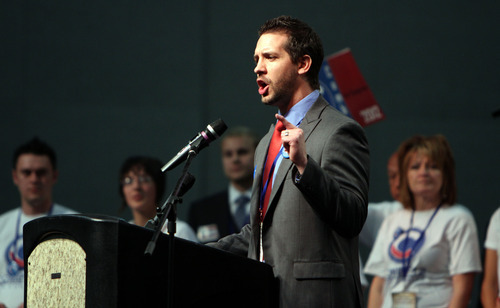 Francisco Kjolseth  |  The Salt Lake Tribune
Ryan Combe will face Donna McAleer in a June 26 Democratic primary in the 1st Congressional District. The winner will advance to face Rep. Rob Bishop in November.running for Congress in hopes of taking on Rob Bishop speaks during the Utah Democratic convention at the Calvin L. Rampton Salt Palace Convention Center on Saturday, April 21, 2012, where candidates for congressional and legislative races are elected for next November.