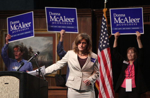 Francisco Kjolseth  |  The Salt Lake Tribune
Donna McAleer will compete in a primary in June against Ryan Combe for the Democratic nomination in the 1st Congressional District. The winner will advance to November's election against incumbent Rep. Rob Bishop.