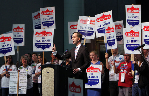 Francisco Kjolseth  |  The Salt Lake Tribune
U.S. Senate candidate Pete Ashdown takes to the stage along with his supporters Saturday at the state convention for Utah Democrats. Ashdown lost his bid for the nomination to former state Sen. Scott Howell.