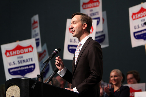 Francisco Kjolseth  |  The Salt Lake Tribune
U.S. Senate candidate Pete Ashdown takes to the stage along with his supporters as the state Democratic convention on Saturday. Ashdown lost the race to former state Sen. Scott Howell, who is the party's nominee. for the Utah Democrats takes place at the Calvin L. Rampton Salt Palace Convention Center on Saturday, April 21, 2012, where they selected candidates for congressional and legislative races next November.