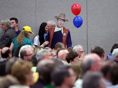 Francisco Kjolseth  |  The Salt Lake Tribune
John Wayne makes an appearance as the Utah Democrats hold their state convention Saturday at the Calvin L. Rampton Salt Palace Convention Center.