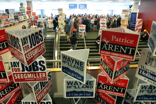 Francisco Kjolseth  |  The Salt Lake Tribune
Democrats line up to cast their votes as the state nominating convention Saturday at the Calvin L. Rampton Salt Palace Convention Center.