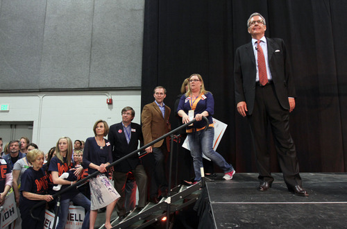 Francisco Kjolseth  |  The Salt Lake Tribune
Senate candidate Scott Howell, right, awaits his turn at the podium while a short video of his supporters speaking on his behalf plays during the state convention for the Utah Democrats Saturday at the Calvin L. Rampton Salt Palace Convention Center. Howell went on to knock off Pete Ashdown to capture the nomination.