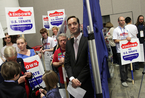 Francisco Kjolseth  |  The Salt Lake Tribune
U.S. Senate candidate Pete Ashdown waits for his turn at the stage along with his supporters as the state convention for the Utah Democrats takes place at the Calvin L. Rampton Salt Palace Convention Center on Saturday, April 21, 2012, where they selected candidates for congressional and legislative races next November.