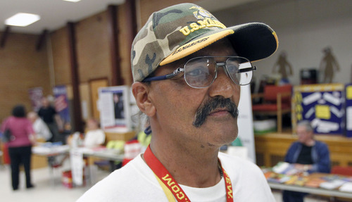 Al Hartmann  |  The Salt Lake Tribune
Eugene Morris, a U.S. Marine Vietnam War veteran, attends the Veteran Administration's Stand Down for homeless vets Monday at Ogden Catholic Community Services. The event was a joint effort between the Veterans Administration and Catholic Community Services for homeless veterans in the Ogden area. Vets were able to get housing information, mental health services, benefit counseling and donated goods. Morris said  he didn't know what he'd do without the Veterans Administration. 
