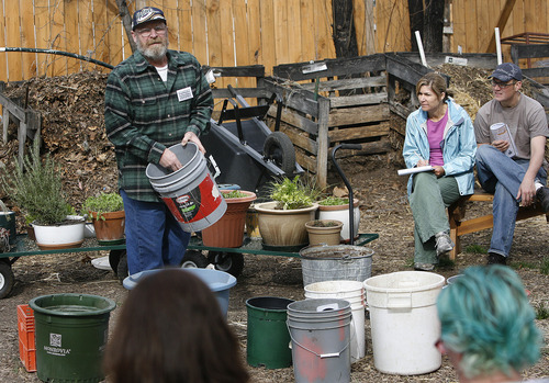 Scott Sommerdorf  |  The Salt Lake Tribune             
Urban homesteader Jonathan Krausert discusses the right mix of ingredients to create the best soil as he teaches a class on how to grow vegetables and flowers in colorful containers, at Wasatch Community Garden, Saturday, March 24, 2012.