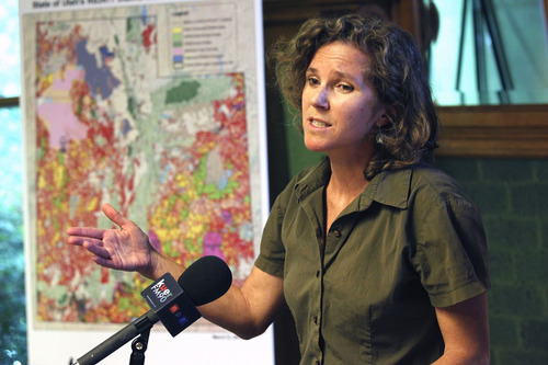 Al Hartmann  |  The Salt Lake Tribune
Allison Jones, conservation biologist for the Wild Utah Project, speaks at a news conference Tuesday, April 24, about the state of Utah's claim to thousands of dirt roads throughout the state and how it would affect wildlife near these proposed roads if they were imporoved.   The map at left shows a red maze of over 25,000 highway rights of way sought by the state.   SUWA and other conservation and recreation groups contend the case is about wilderness, not transportation.