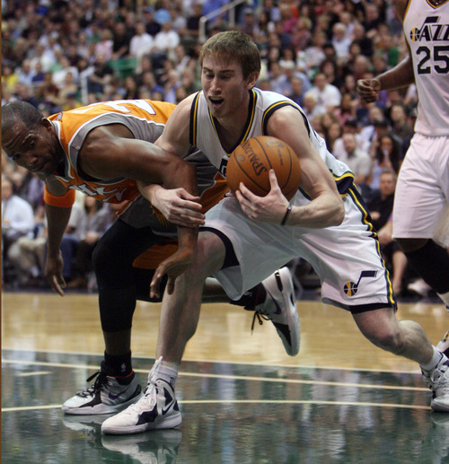 Steve Griffin/The Salt Lake Tribune


Utah's Gordon Hayward and Michael Redd battle for the ball during a game against Phoenix  at EnergySolutions Arena in Salt Lake City, on Tuesday, April 24, 2012.