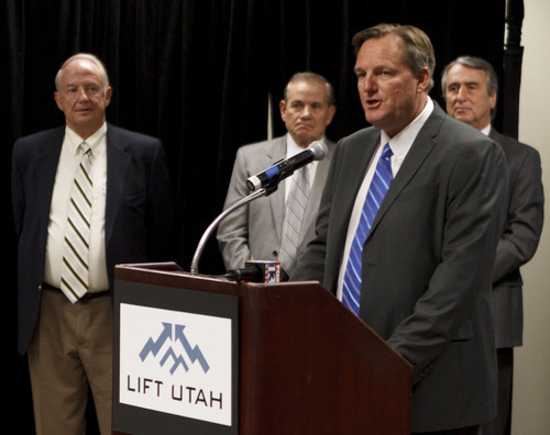 Trent Nelson  |  The Salt Lake Tribune
Mike Goar, managing director of Canyons Resort, speaks at a news conference Tuesday where a coalition of business and government officials announced their support for SkiLink, Talisker's proposal to connect Canyons Resort and Solitude with a gondola.
