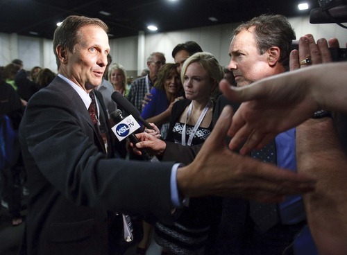 Leah Hogsten  |  The Salt Lake Tribune
Last-minute allegations of dirty tricks threw Utah's 2nd Congressional District  race into turmoil Saturday during the state Republican Convention. Chris Stewart emerged as the party's nominee over Utah's ex-House Speaker David Clark even after former rivals lined up behind Clark.