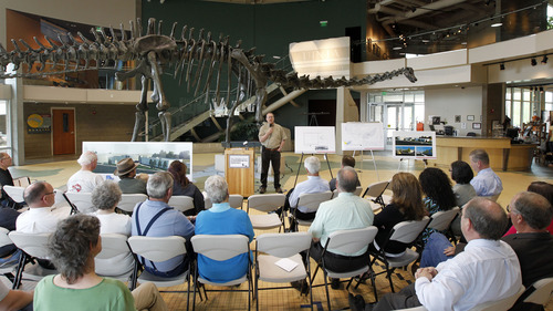 Al Hartmann  |  The Salt Lake Tribune
Museum manager Steve Sroka welcomes crowd to the groundbreaking Wednesday for an addition to the Utah Field House of Natural History State Park Museum in Vernal. The addition will house fossils and provide a working laboratory for the existing museum.