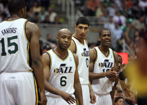 Steve Griffin/The Salt Lake Tribune


The Jazz second unit waits to enter during a game against Phoenix at EnergySolutions Arena in Salt Lake City, on Tuesday, April 24, 2012.