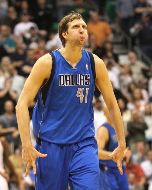 Rick Egan  | The Salt Lake Tribune 

Dallas Mavericks power forward Dirk Nowitzki (41) reacts after hitting a 3-point shot to toe the game 105 -105, with 3.9 seconds left, in NBA action, The Utah Jazz, vs. Dallas Mavericks, at the EnergySolutions Arena, Monday, April 16, 2012.