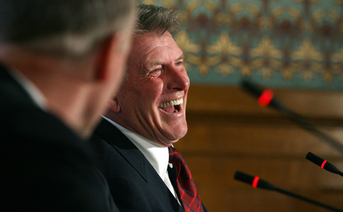 Steve Griffin/The Salt Lake Tribune
 Idaho Gov. Butch Otter laughs during rountable with governors from Utah and Wyoming Friday to discuss forming a coalition to have more impact on federal policies regarding public lands, water and energy.