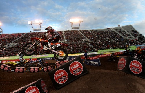 Kim Raff  |  The Salt Lake Tribune
Marvin Musquin competes in the AMA Supercross Lite heat 2 qualifying race during the AMA Supercross at Rice-Eccles Stadium in Salt Lake City on April 28, 2012.