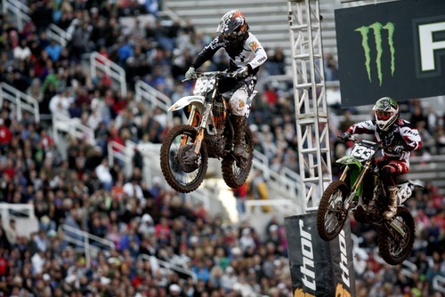 Kim Raff  |  The Salt Lake Tribune
Topher Ingalls, left, and Myles Tedder compete in the AMA Supercross Lite heat 1 qualifying race during the AMA Supercross at Rice-Eccles Stadium in Salt Lake City on April 28, 2012.