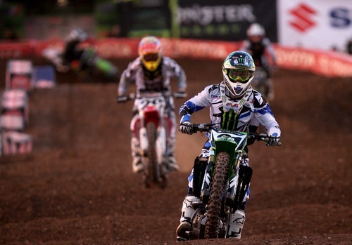 Kim Raff  |  The Salt Lake Tribune
Jake Weimer competes in the AMA Supercross heat 1 qualifying race during the AMA Supercross at Rice-Eccles Stadium in Salt Lake City on April 28, 2012.