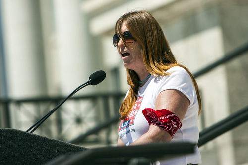 Chris Detrick  |  The Salt Lake Tribune
University of Utah geologist Sally Potter-McIntyre speaks during a Unite Against the War on Women rally at the Utah State Capitol on Saturday.