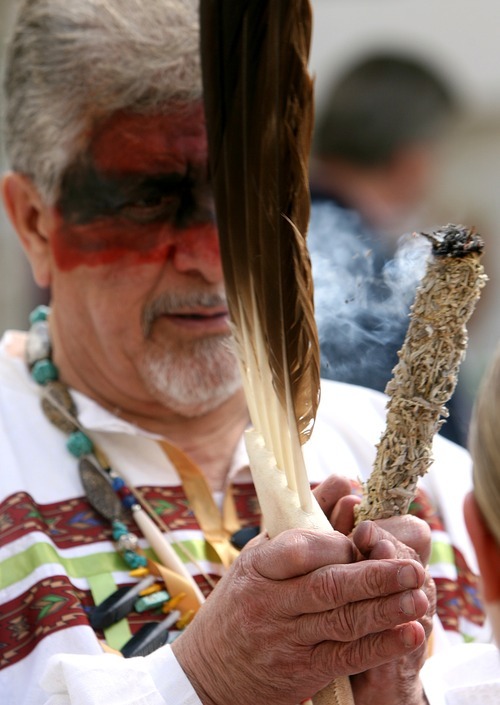 Leah Hogsten  |  The Salt Lake Tribune
Arapaho Healer Dorian Two-horses Sanchez uses smoke from sage, and Eagle feathers while performing a blessing Wednesday May 11, 2011. Spiritual leaders from different denominations will conduct a multi-faith blessing of the hands of St. Mark's Hospital caregivers and supporting staff.