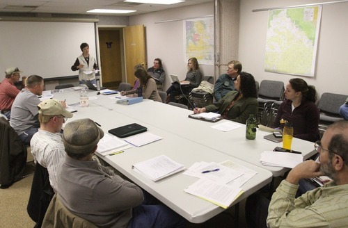Rick Egan  | The Salt Lake Tribune 

Experts and farmers meet during a community meeting in Pinedale, Wyo., to discuss the sage grouse. Wednesday, March 21, 2012.