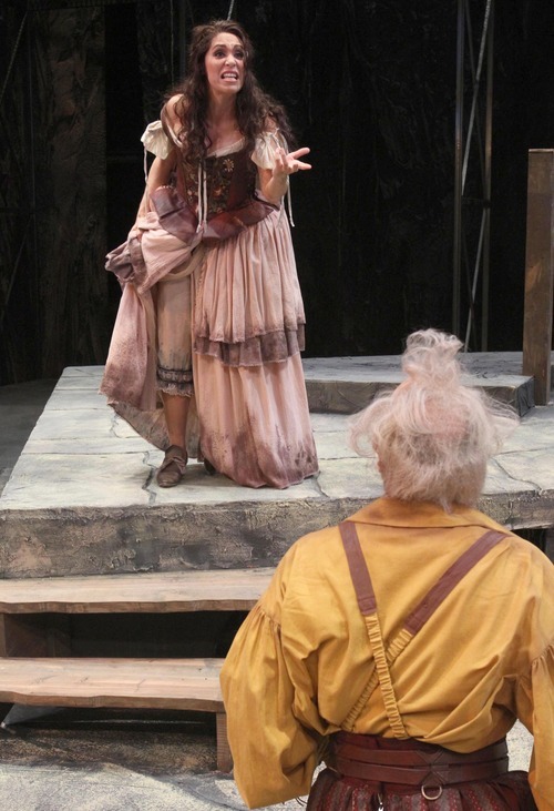 Rick Egan  | The Salt Lake Tribune 

Maria Eberline as Aldonza and William Michals as Don Quixote rehearse in Pioneer Theatre Company's  
