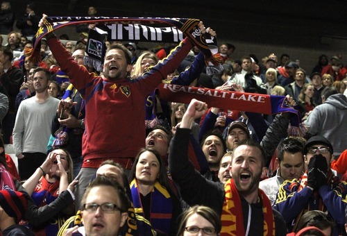 Rick Egan  | The Salt Lake Tribune 

Real celebrate after Real Salt Lake scored their third goal of the night, to give them a  3-2 lead in the final minutes of the game, in RSL action, Real Salt Lake vs. Toronto FC, in Salt Lake City, Saturday, April 28, 2012.
