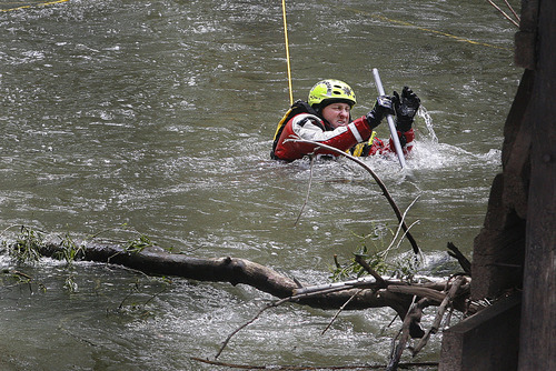 Scott Sommerdorf  |  The Salt Lake Tribune             
Search efforts for a 4-year-old boy presumed drowned continued further down river at a bridge near Exchange Road and 21st Street in Ogden, Monday, April 30, 2012. Searchers extended their search pattern further north on the Weber River Monday morning.