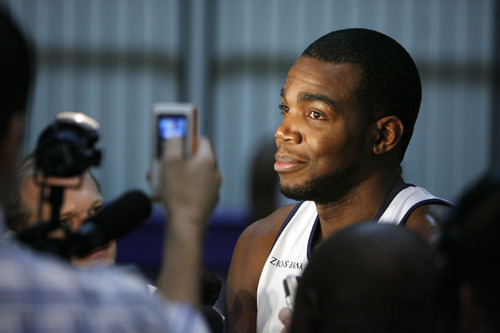 Francisco Kjolseth  |  The Salt Lake Tribune
Utah forward Paul Millsap speaks to the press prior to practice on Tuesday, May 2, 2012, at the Zions Bank Basketball Center. The Utah Jazz are getting ready for round two of the playoffs against San Antonio with much of their work hindering on their ability to defend Tony Parker of the Spurs.