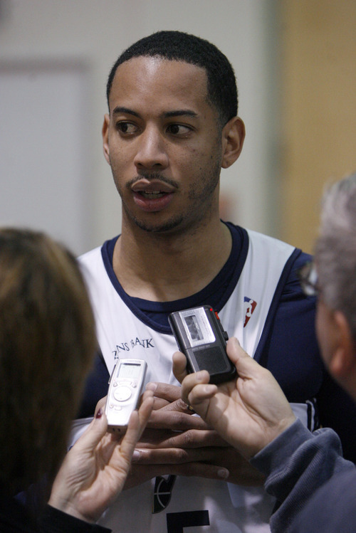 Francisco Kjolseth  |  The Salt Lake Tribune
Utah point guard Devin Harris speaks with the media prior to practice on Tuesday, May 1, 2012. The Utah Jazz working to get ready for round two of the playoffs against San Antonio as they practice at the Zions Bank Basketball Center. Much of their work hinders on their ability to defend Tony Parker of the Spurs.