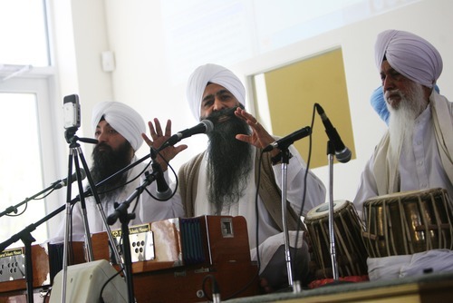 Kim Raff | The Salt Lake Tribune
Bhailkultarsingh play music and give a lesson during the Sikhs of Utah worship service at the Sikh Temple in Taylorsville on April 22, 2012.