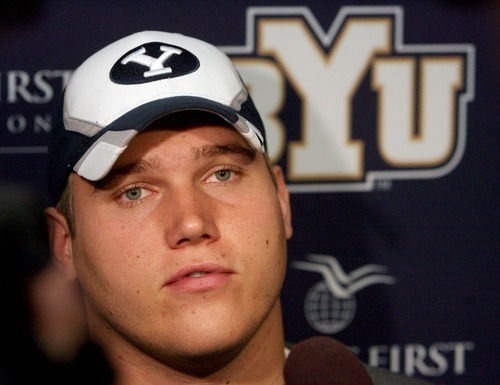 Steve Griffin  |  The Salt Lake Tribune
BYU offensive lineman Matt Reynolds talks to the media during weekly press conference at the Student-Athlete Building on the BYU campus in Provo Monday, Oct. 4, 2010.