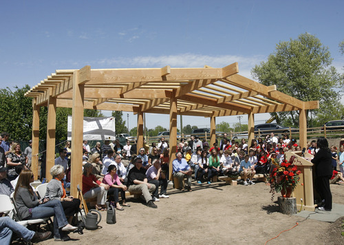 Rick Egan  | The Salt Lake Tribune 

Jani Iwamoto speaks at the grand opening of the community garden in Holladay,  Friday, May 4, 2012.  The Mount Olympus Garden is a cooperative venture for Howard R. Driggs Elementary School, Olympus Junior High School, Salt Lake City, Holladay City, Salt Lake County, and New Roots of Utah in partnership with the International Rescue Committee.
