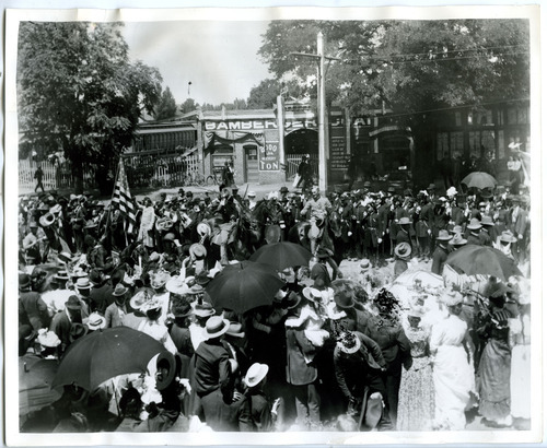 Tribune File Photo
This undated photo shows a parade held for Utah soldiers upon their return from the Philippines after the Spanish-American War. The bare-headed man riding a horse near the center of the photo is Brigadier General Richard Whitehead Young, grandson of Brigham Young. The photo was taken on South Temple near 300 West in Salt Lake City.