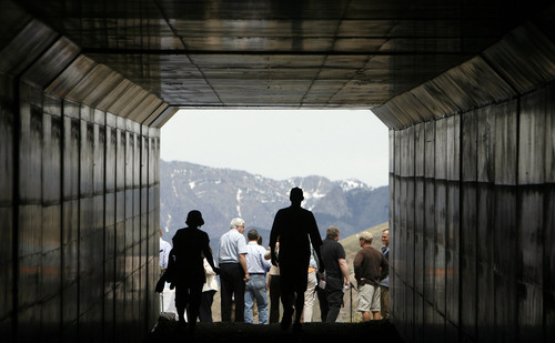 Francisco Kjolseth  |  The Salt Lake Tribune
Salt Lake County and Draper City get ready to hold a ribbon-cutting ceremony to mark the opening of the new Little Valley Trail at Traverse Ridge on Monday, April 30, 2012, where Little Valley and Corner Canyon are now connected through a tunnel under Traverse Ridge Road.