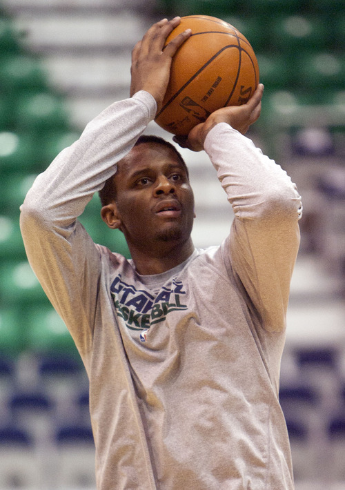 Jeremy Harmon  |  The Salt Lake Tribune

Utah's C.J. Miles warms up before the Jazz face the Spurs in game 3 of the of the first round of the NBA playoffs at EnergySolutions Arena in Salt Lake City, Saturday, May 5, 2012.
