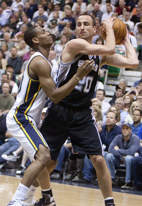 Jeremy Harmon  |  The Salt Lake Tribune

Alec Burks defends Manu Ginobili as the Jazz host the Spurs in the first round of the NBA playoffs at EnergySolutions Arena in Salt Lake City, Saturday, May 5, 2012.