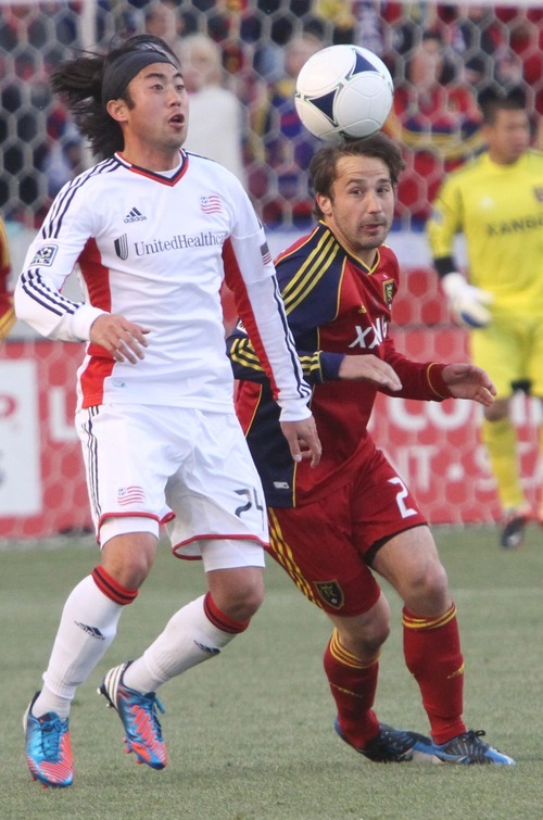 Rick Egan  | The Salt Lake Tribune 

Real Salt Lake's Ned Grabavoy (20)  goes after the ball along with New England's Lee Nguyen, in MLS action, Real Salt Lake vs. New England Revolution, at Rion Tinto Stadium, Saturday, May 5, 2012.