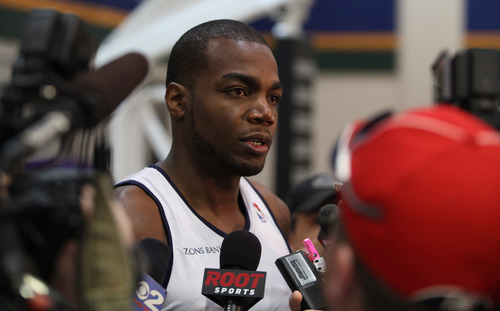 Lennie Mahler  |  The Salt Lake Tribune
Paul Millsap speaks to the media during an open practice at the Zions Bank practice facility Sunday, May 6, 2012.